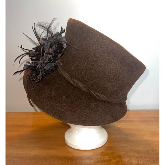 Vintage Cloche Tall Bowler Hat Velvet Feather Floral Accent Women Meril - Picture 4 of 8